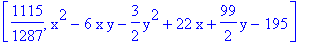 [1115/1287, x^2-6*x*y-3/2*y^2+22*x+99/2*y-195]